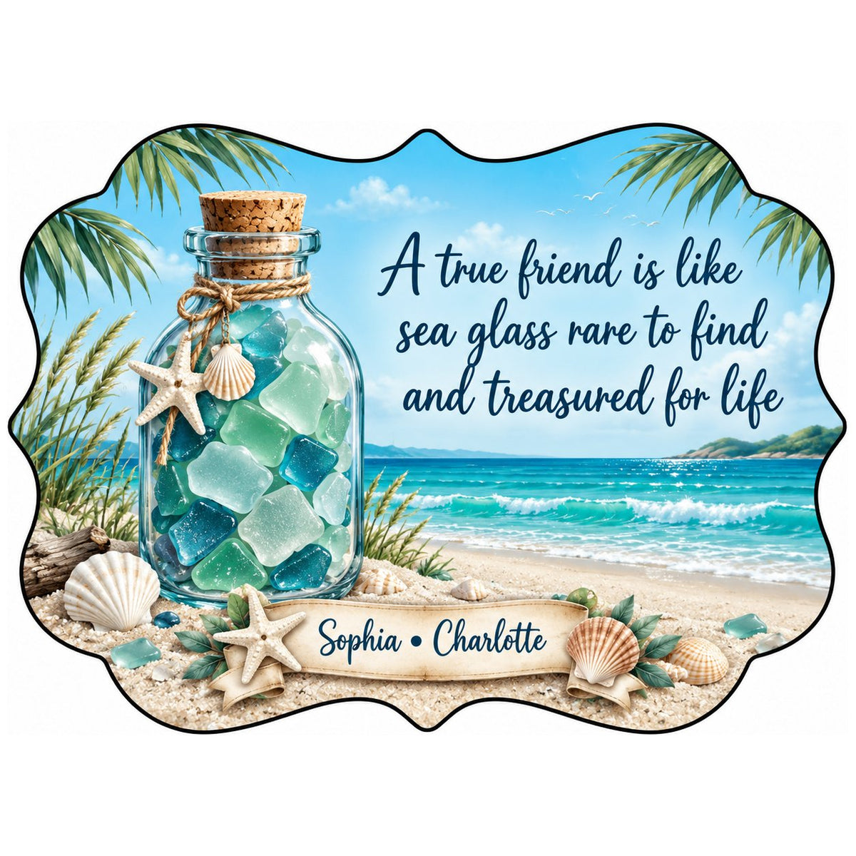 Ornate medallion ceramic ornament with sea glass jar, beach scene, palm branches and a friendship quote for two names.