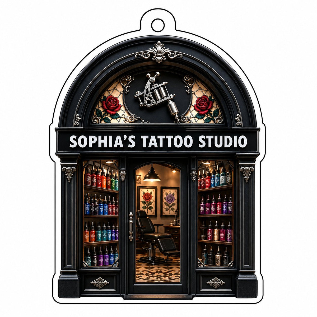 Arched black storefront tattoo ornament with silver machine, stained-glass roses, ink bottles, and a 'TATTOO STUDIO' sig