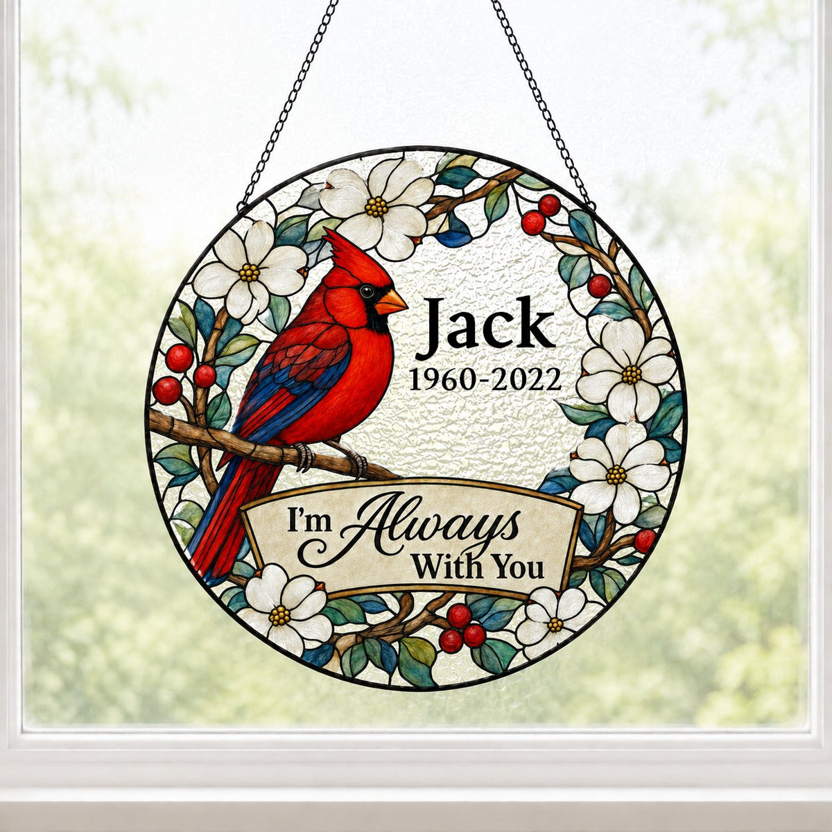 Round stained glass–style suncatcher with a red cardinal on a branch, white flowers, red berries, and a scroll banner.