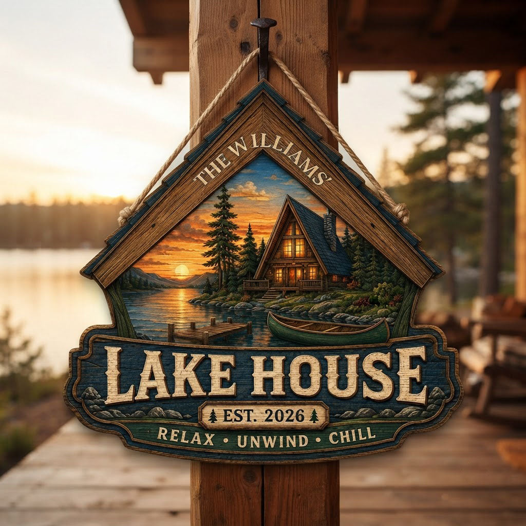 Personalized Lake House Cabin Sunset Wooden Hanging Sign
