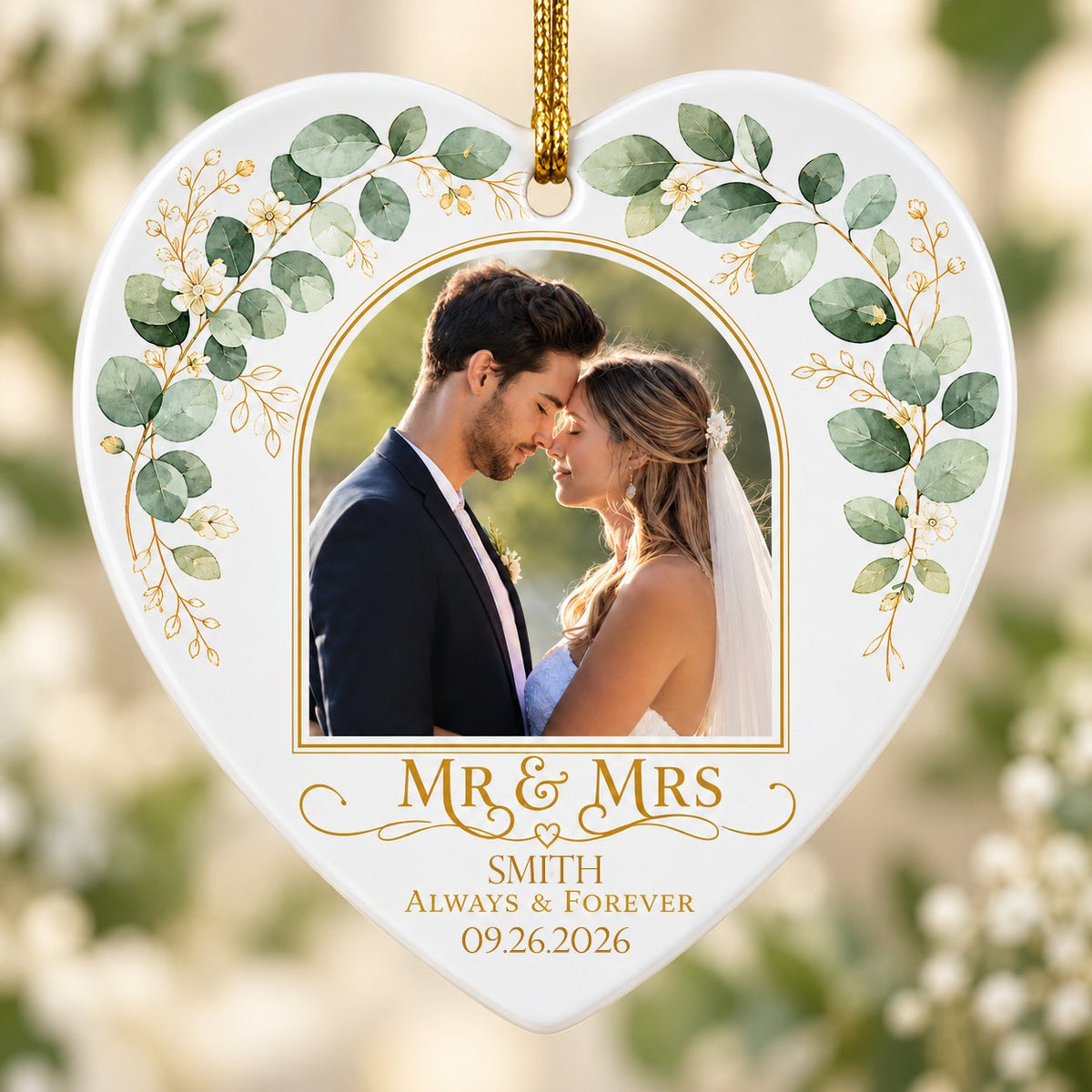 White heart ceramic ornament with wedding photo, eucalyptus leaves, gold accents, and text MR & MRS, ALWAYS & FOREVER.