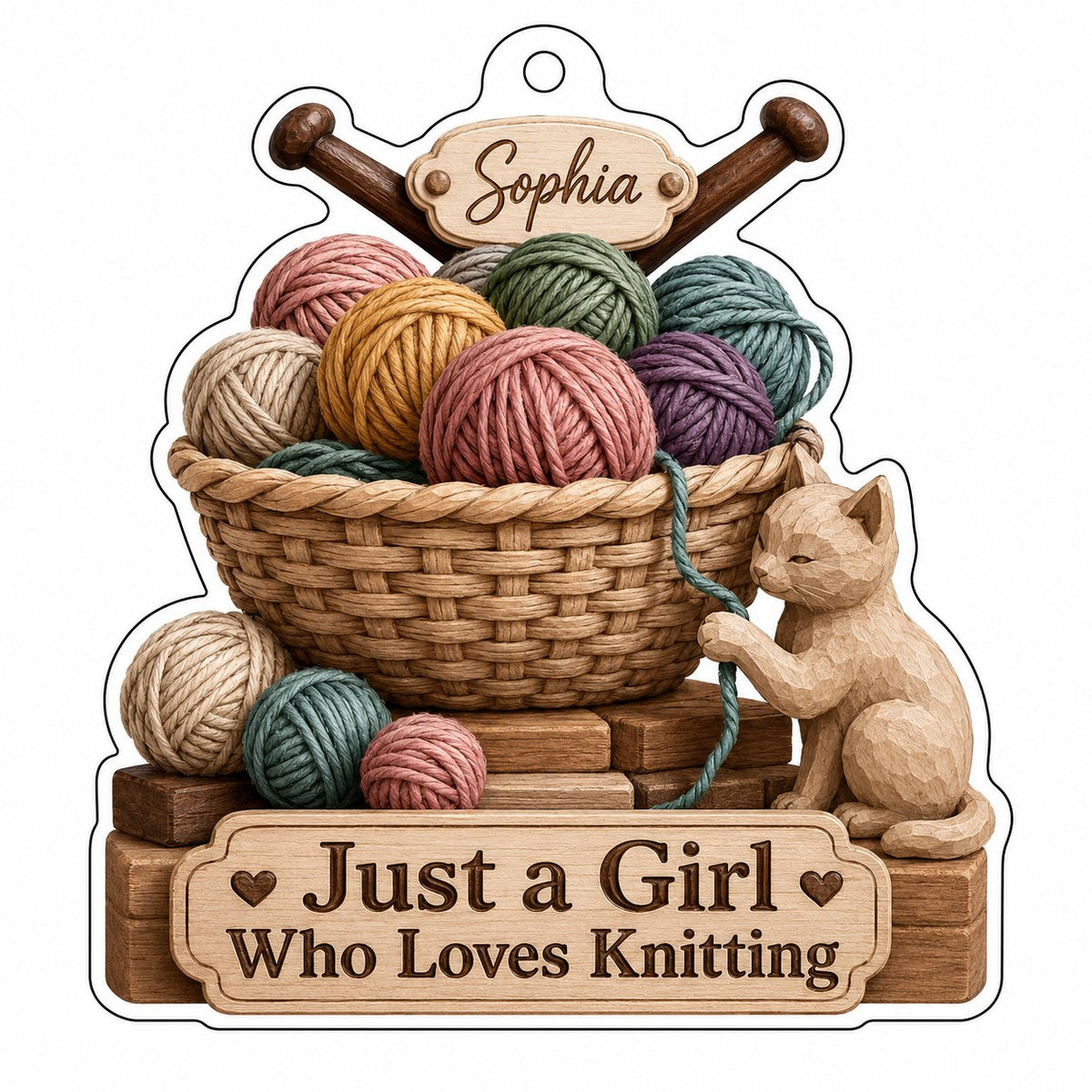 Acrylic ornament shaped around a yarn basket, cat and needles with 'Just a Girl Who Loves Knitting' and a name banner.