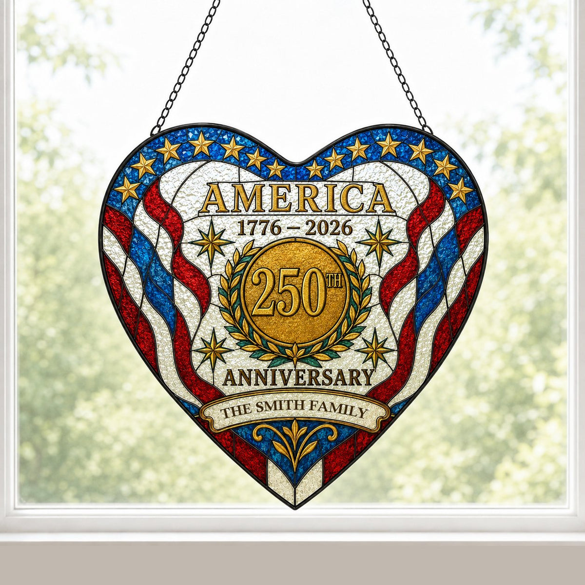 Heart suncatcher with red, white and blue stripes, gold medallion, laurel wreath, and 'America 1776–2026' text.