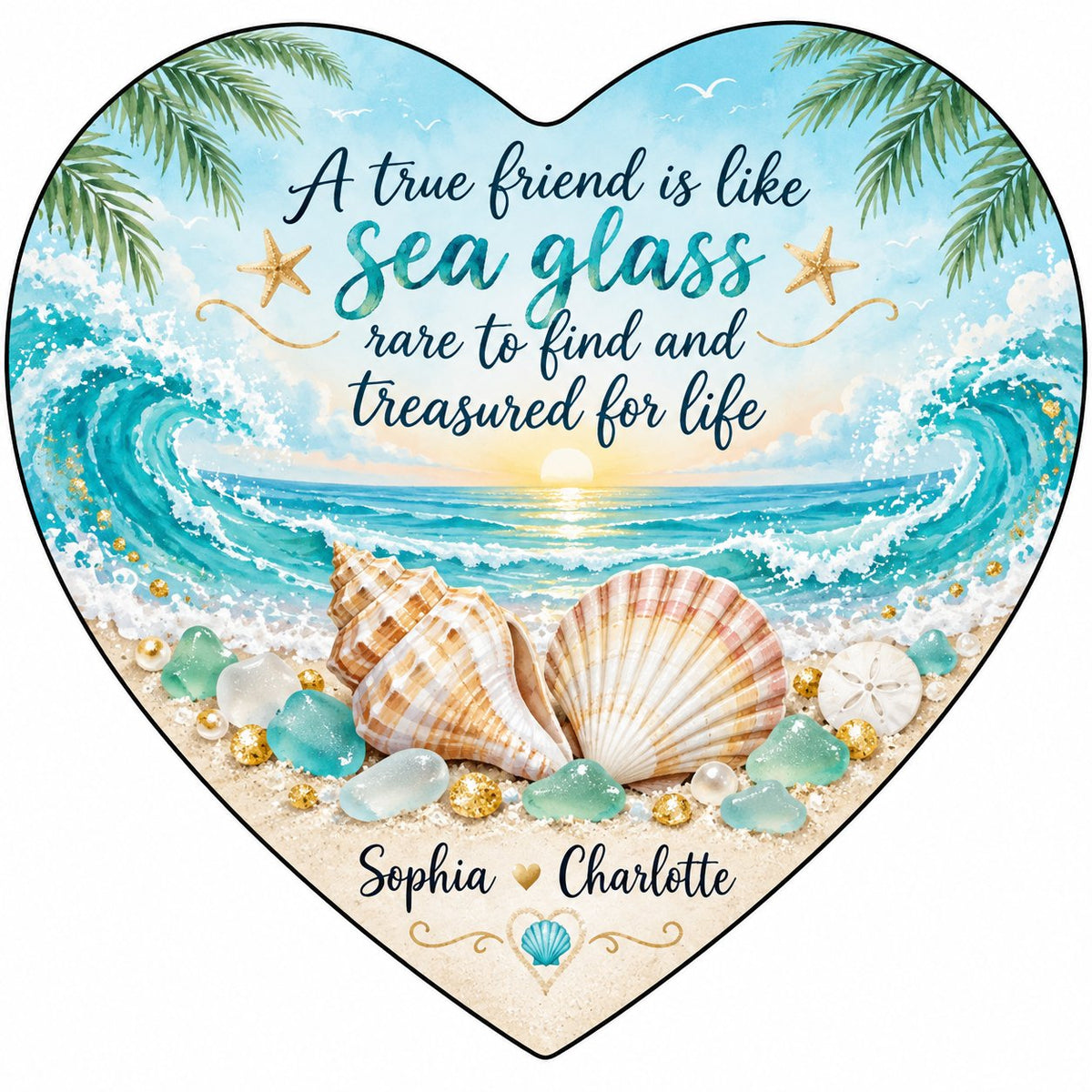 Heart ceramic ornament with beach sunset, palm trees, shells, sea glass, starfish, and a friendship quote.