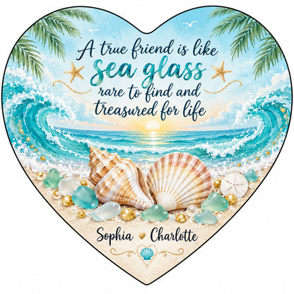 Heart ceramic ornament with beach sunset, palm trees, shells, sea glass, starfish, and a friendship quote.
