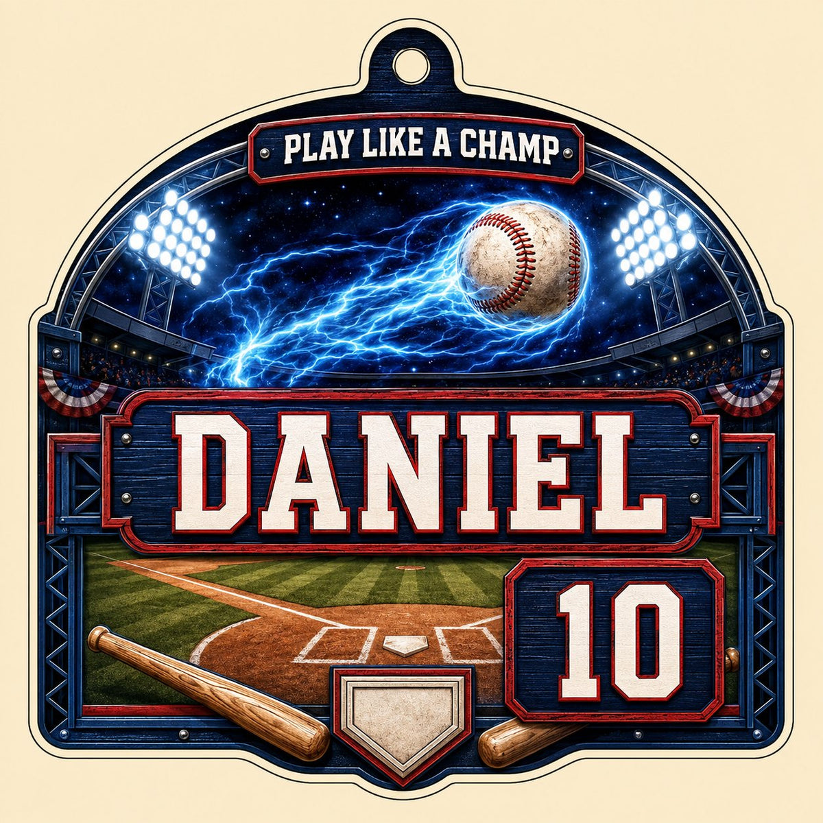Arch acrylic ornament with flaming baseball in a night stadium, blue plaque, bats, home plate, name and number.