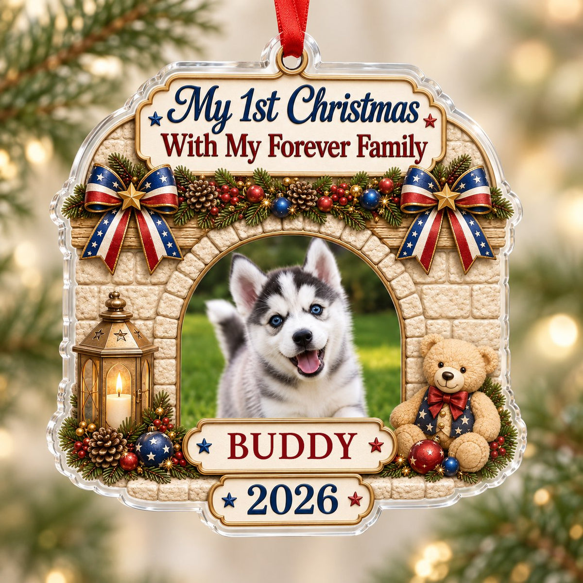 Arched acrylic ornament with stone arch, pine garland, patriotic bows, lantern, teddy bear, and a photo slot.