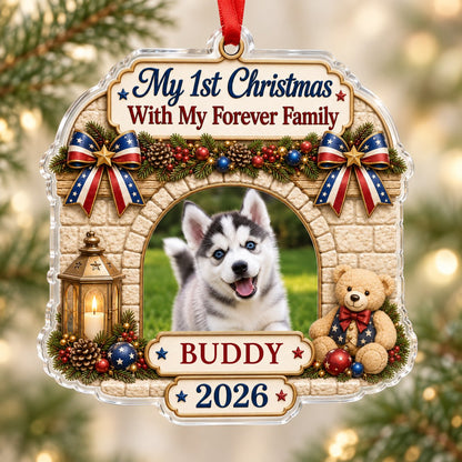 Arched acrylic ornament with stone arch, pine garland, patriotic bows, lantern, teddy bear, and a photo slot.