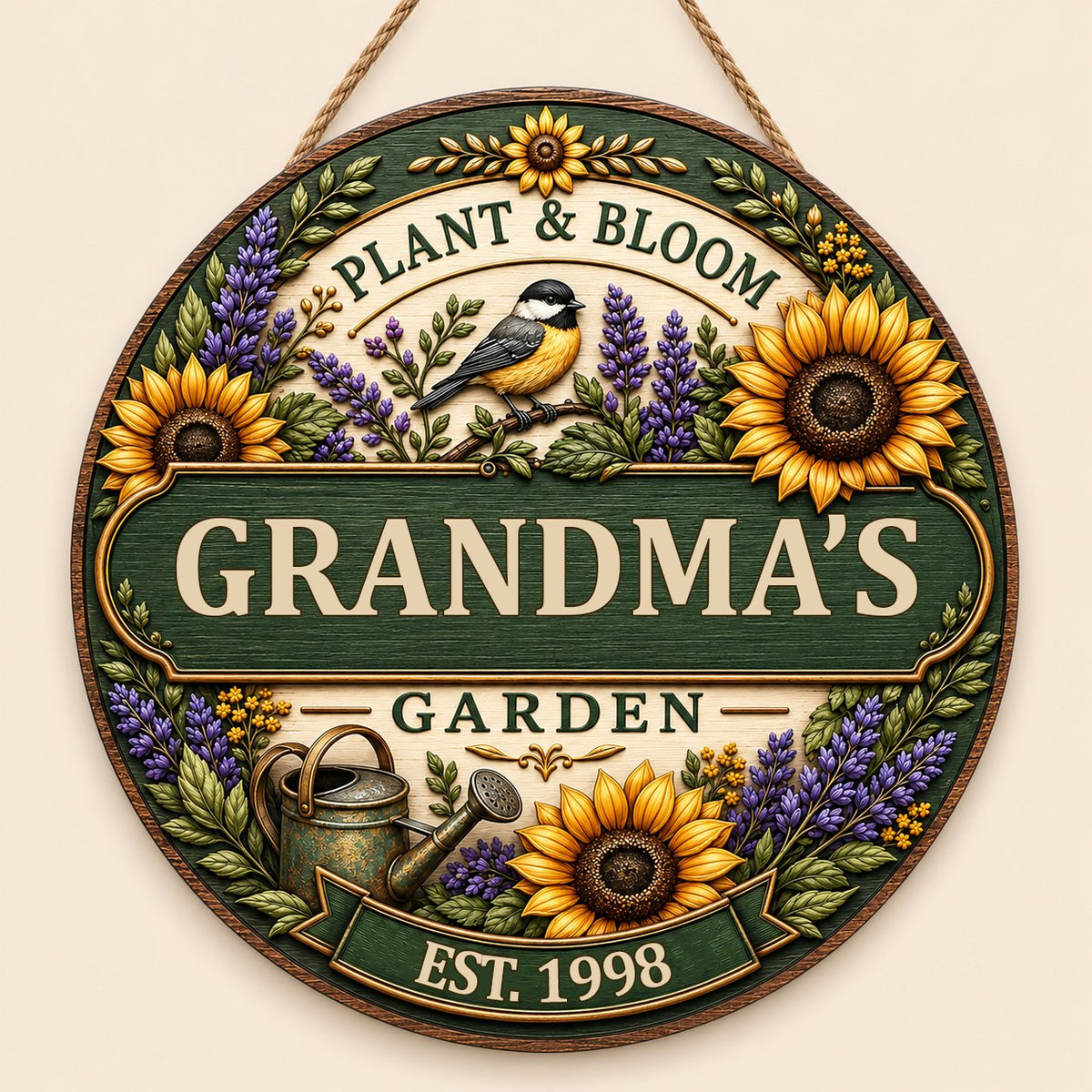 Round wooden sign with sunflowers, lavender, a chickadee, and green banners reading PLANT & BLOOM and GARDEN.
