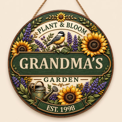 Round wooden sign with sunflowers, lavender, a chickadee, and green banners reading PLANT & BLOOM and GARDEN.
