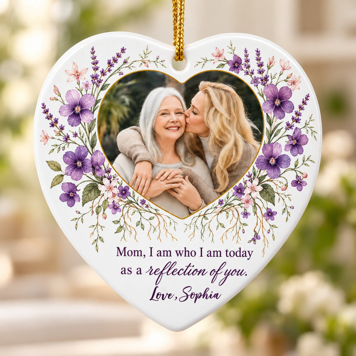 Heart ceramic ornament with a gold-edged heart photo and purple watercolor florals around the message for Mom.