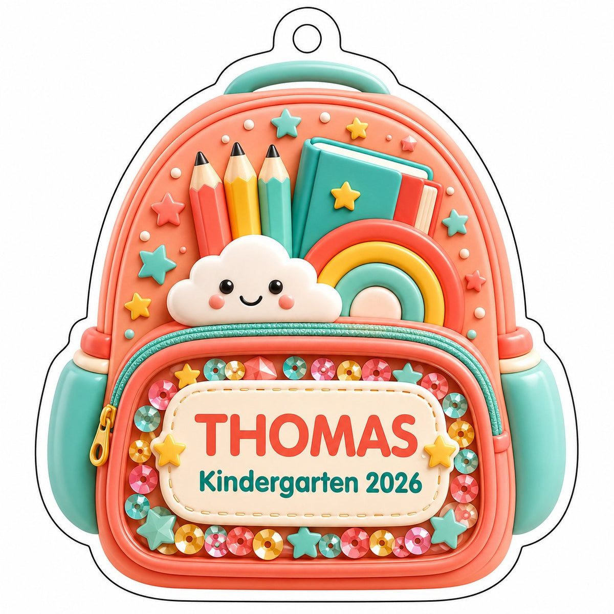 Coral backpack acrylic ornament with pencils, rainbow, smiling cloud, and 'THOMAS' Kindergarten 2026.