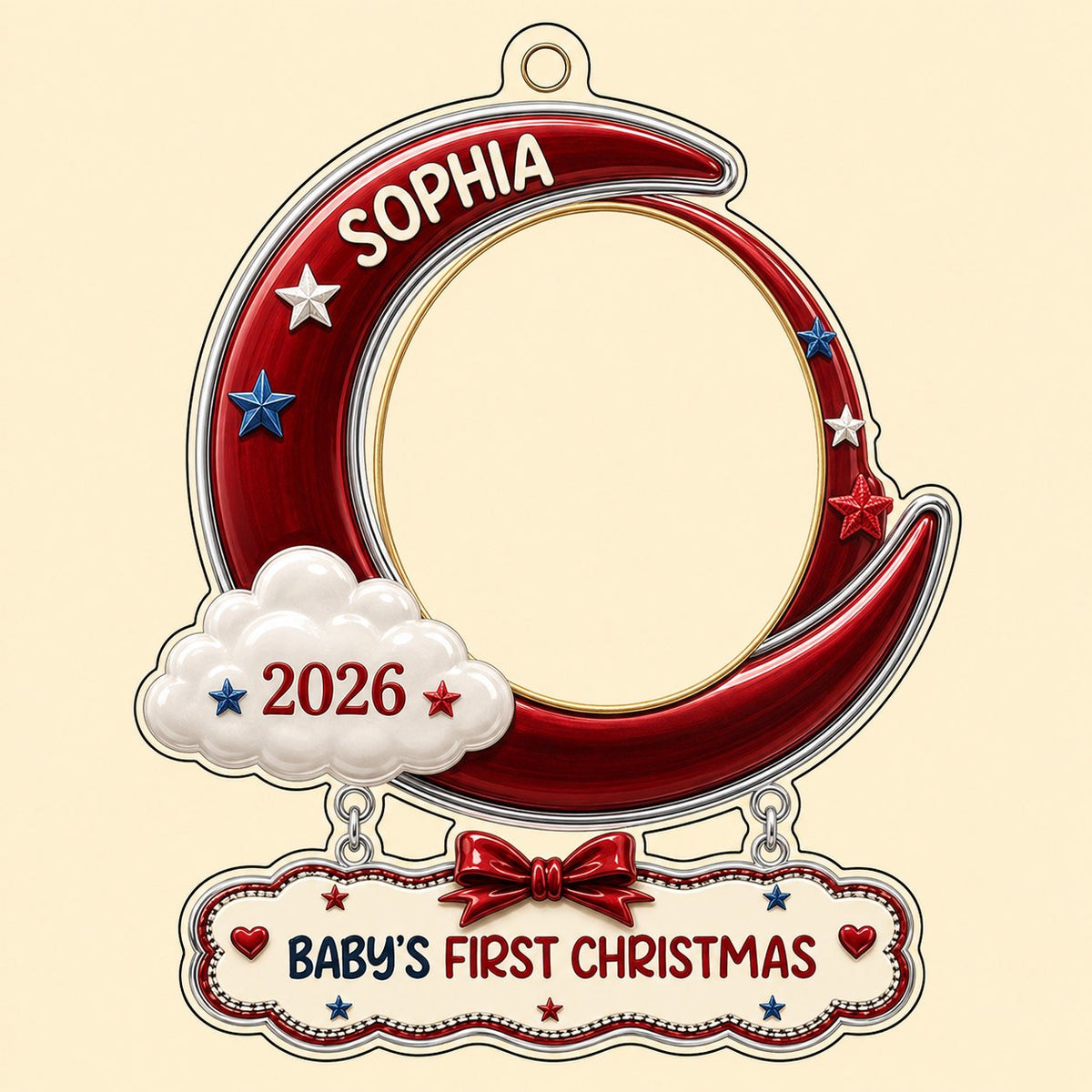 Red crescent moon acrylic ornament with baby photo, cloud, stars, and a plaque reading Baby's First Christmas.