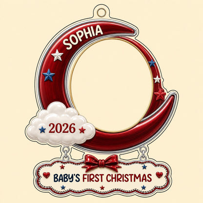 Red crescent moon acrylic ornament with baby photo, cloud, stars, and a plaque reading Baby's First Christmas.