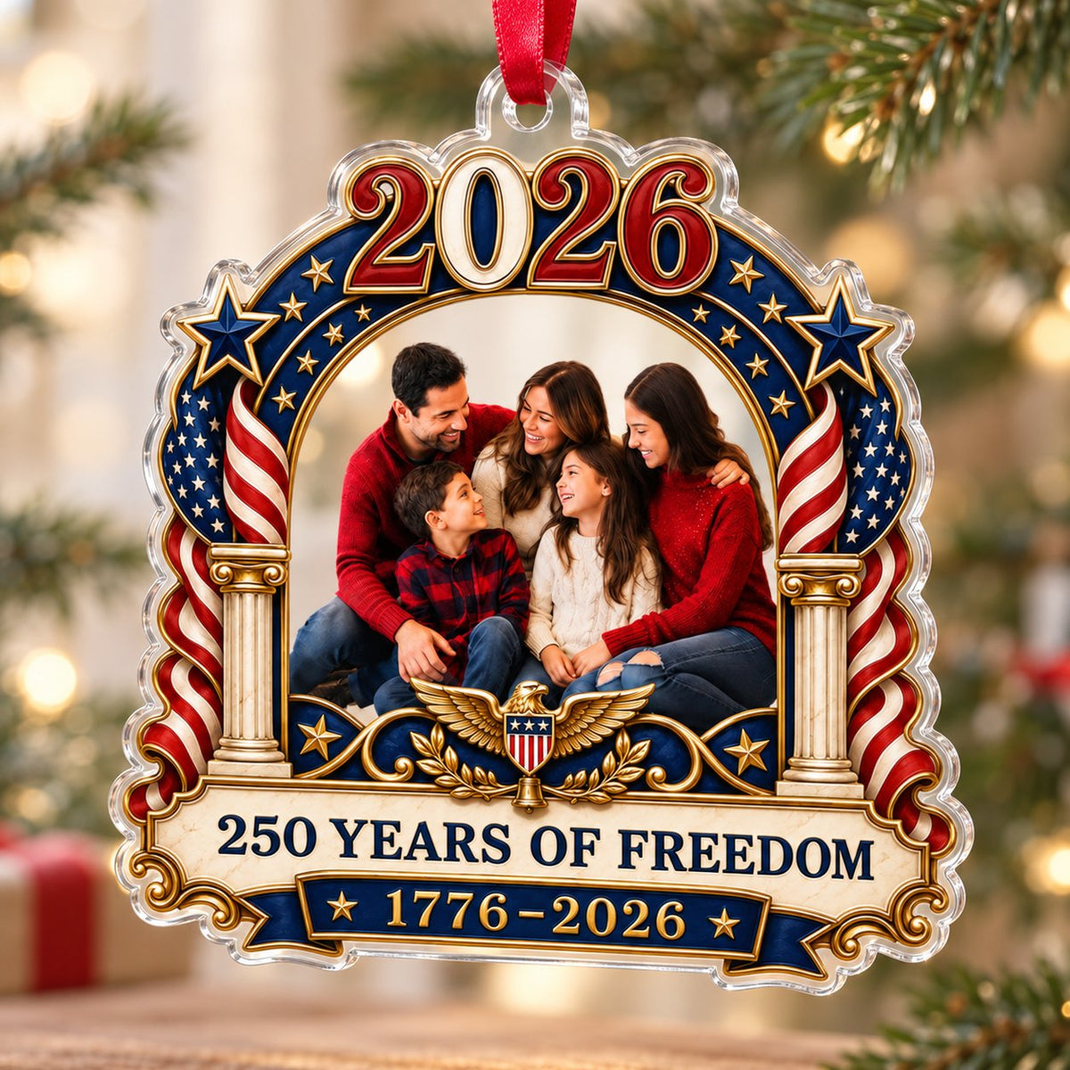 Ornate arched acrylic ornament with 2026, flag-draped columns, eagle emblem, and a central family photo frame