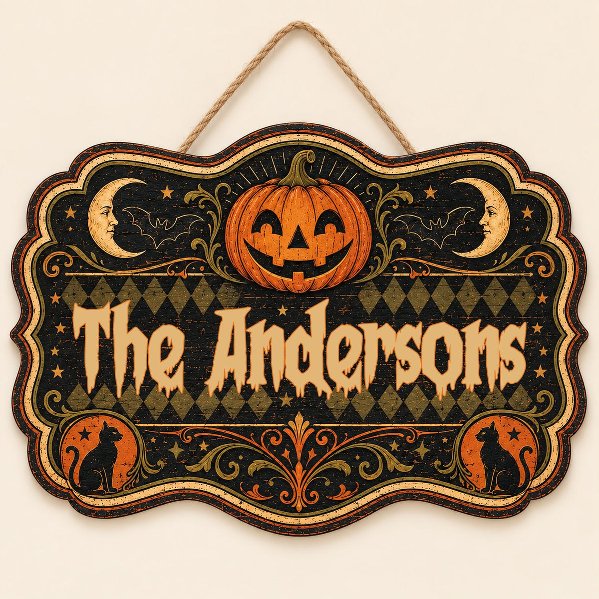 Ornate scalloped wooden sign with jack-o'-lantern, moons, bats, black cats and family name in Halloween style.