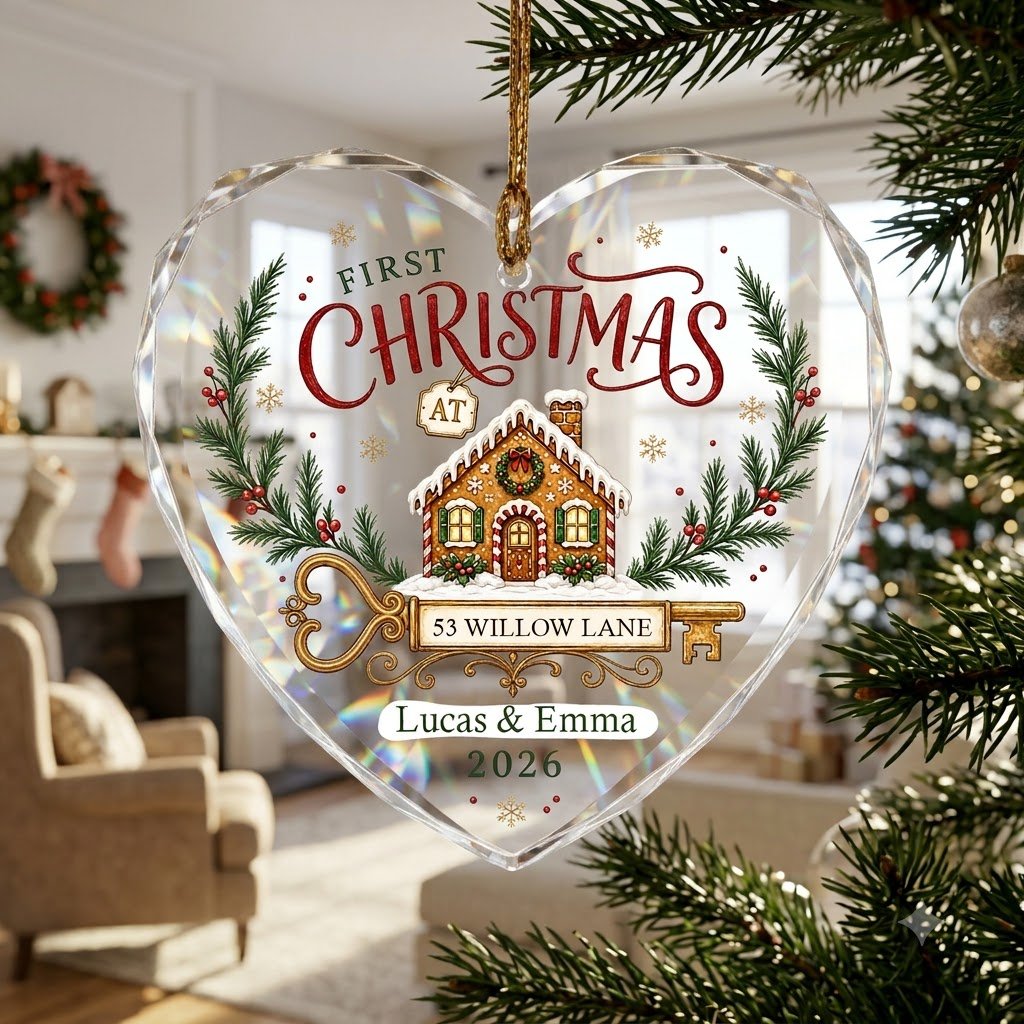 Personalized First Christmas at New Home Gingerbread Key Heart Glass Ornament