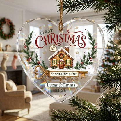 Personalized First Christmas at New Home Gingerbread Key Heart Glass Ornament