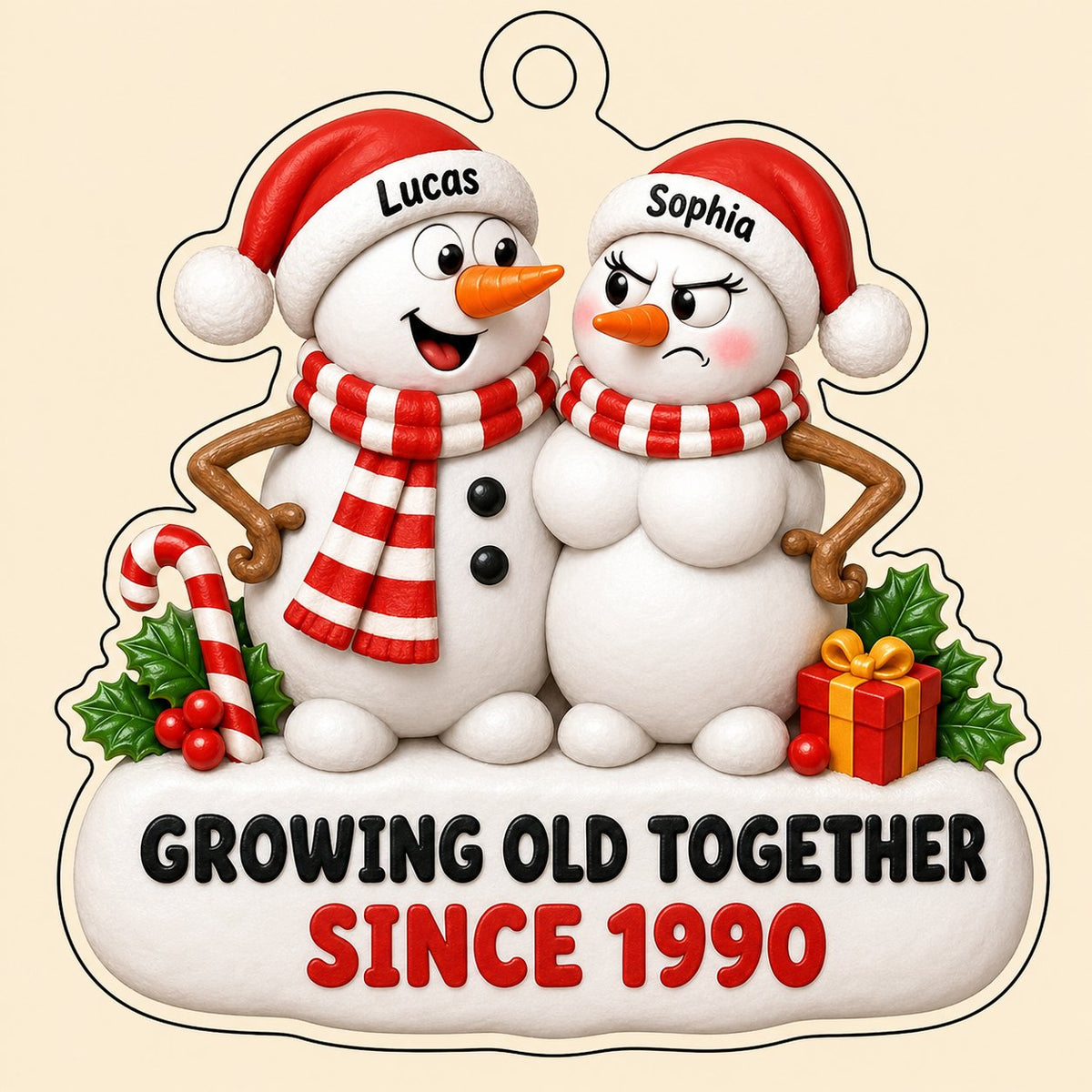Custom-cut acrylic ornament of a snowman couple with candy cane, gift box, and Growing Old Together text on a snowy base
