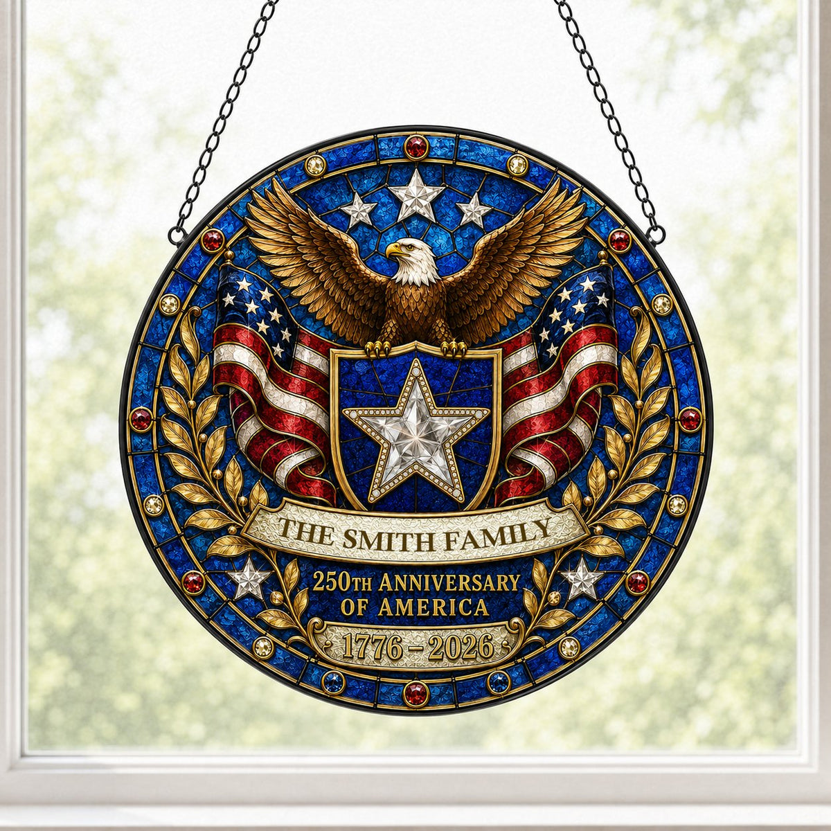 Round stained glass-style suncatcher with a bald eagle, blue star shield, American flags, laurel and a jeweled border.