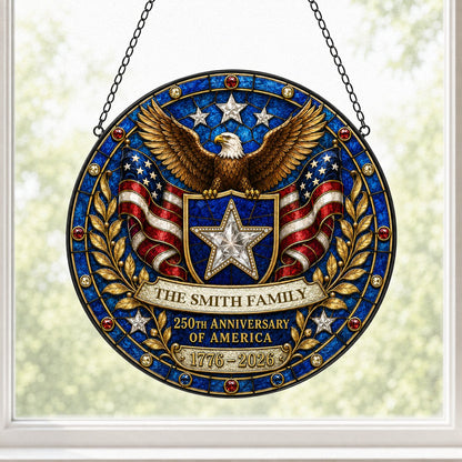 Round stained glass-style suncatcher with a bald eagle, blue star shield, American flags, laurel and a jeweled border.