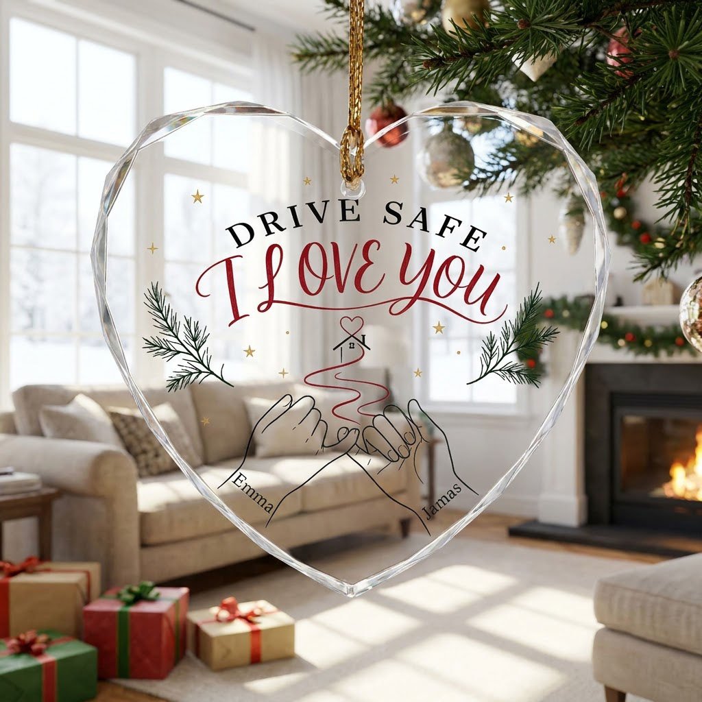 Heart glass ornament with pinky promise hands, red thread to a small house with heart, pine sprigs and gold stars.