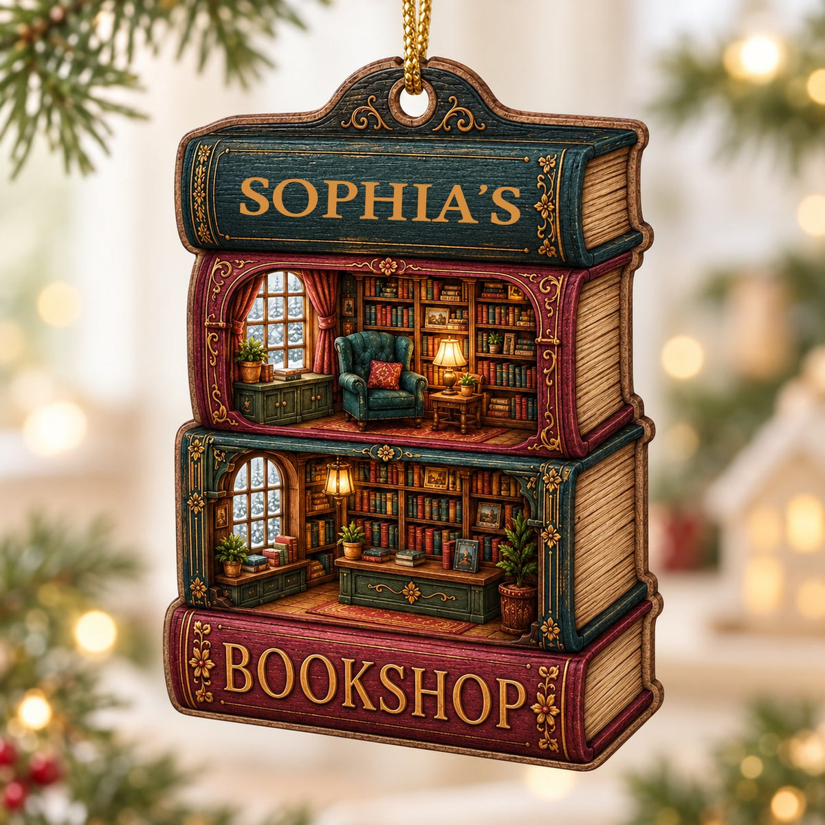 Custom-cut ornament of stacked books showing cozy bookshop rooms, BOOKSHOP text, and a personalized name.