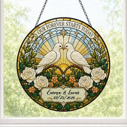 Personalized Wedding Doves Our Forever Starts Today Floral Stained Glass Round Suncatcher