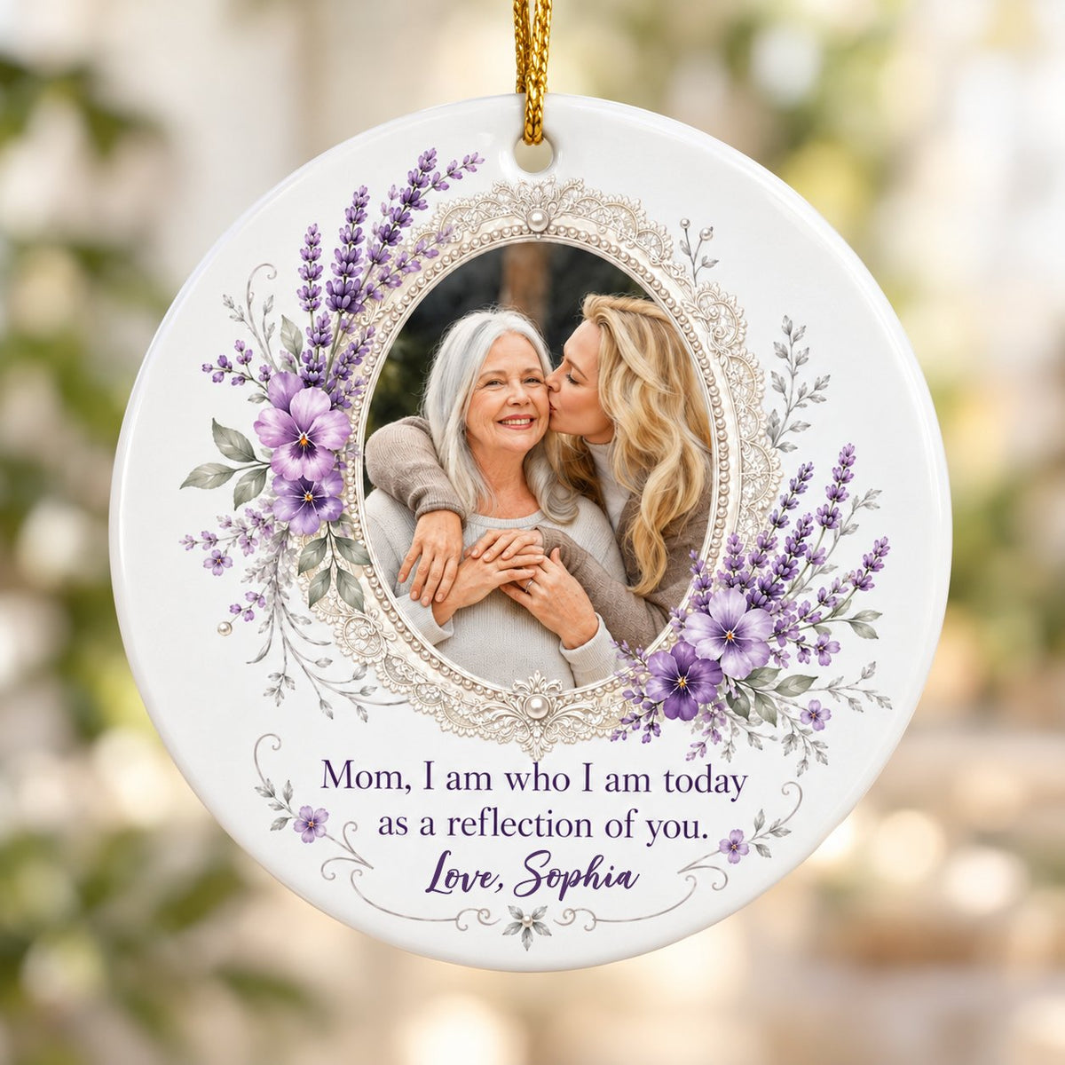Round ceramic ornament with oval lace frame, pearls, purple pansies and lavender surrounding a photo and mom quote.