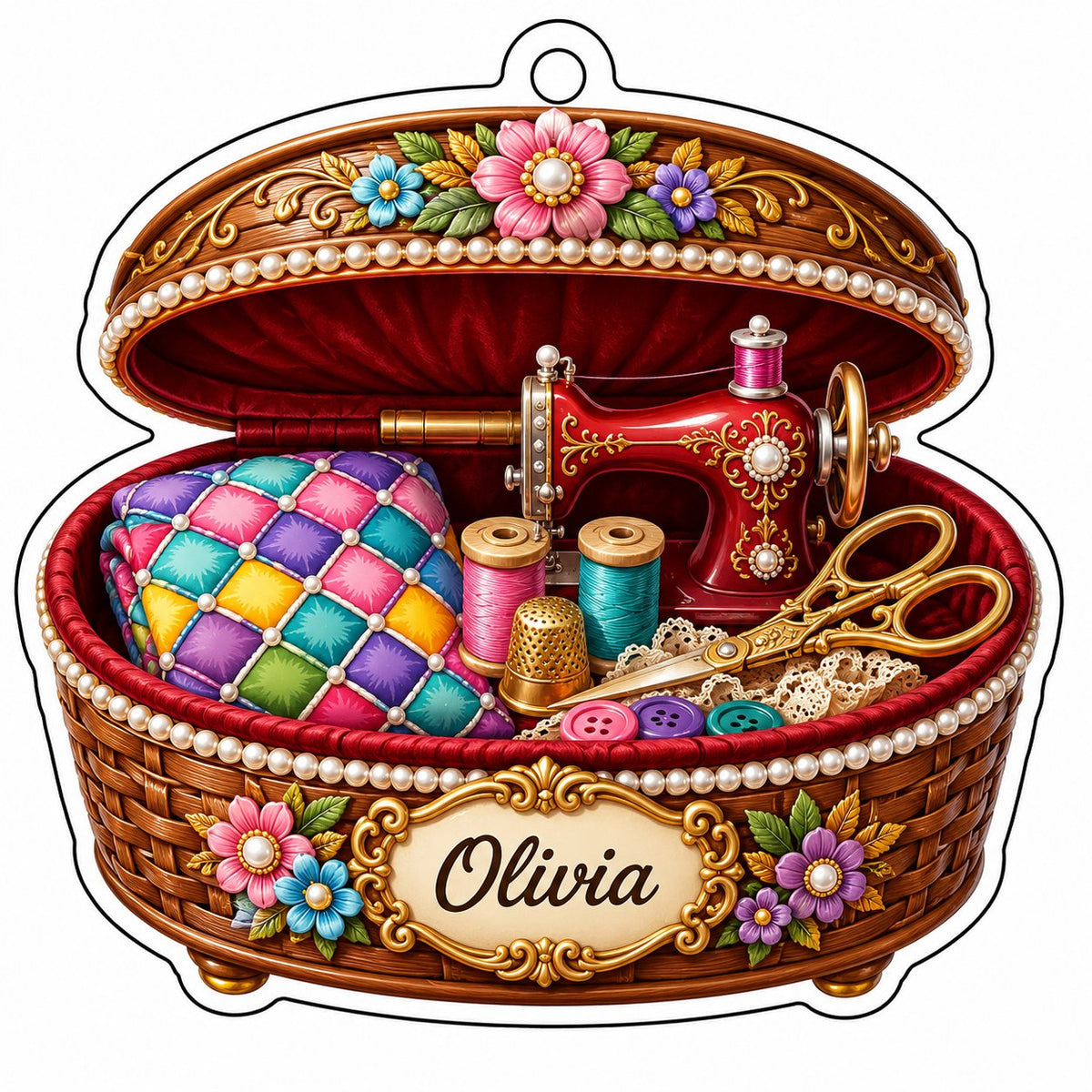Custom-cut acrylic ornament of a brown sewing basket with a red vintage sewing machine and floral accents