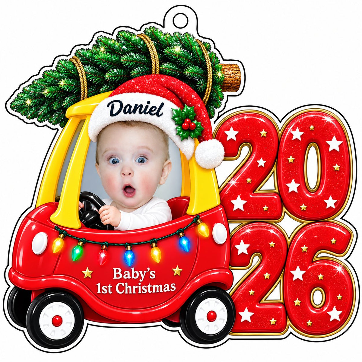Acrylic ornament shaped like a toy car with tree, Baby's 1st Christmas text, lights, and a baby photo.