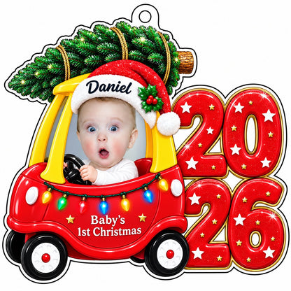 Acrylic ornament shaped like a toy car with tree, Baby's 1st Christmas text, lights, and a baby photo.
