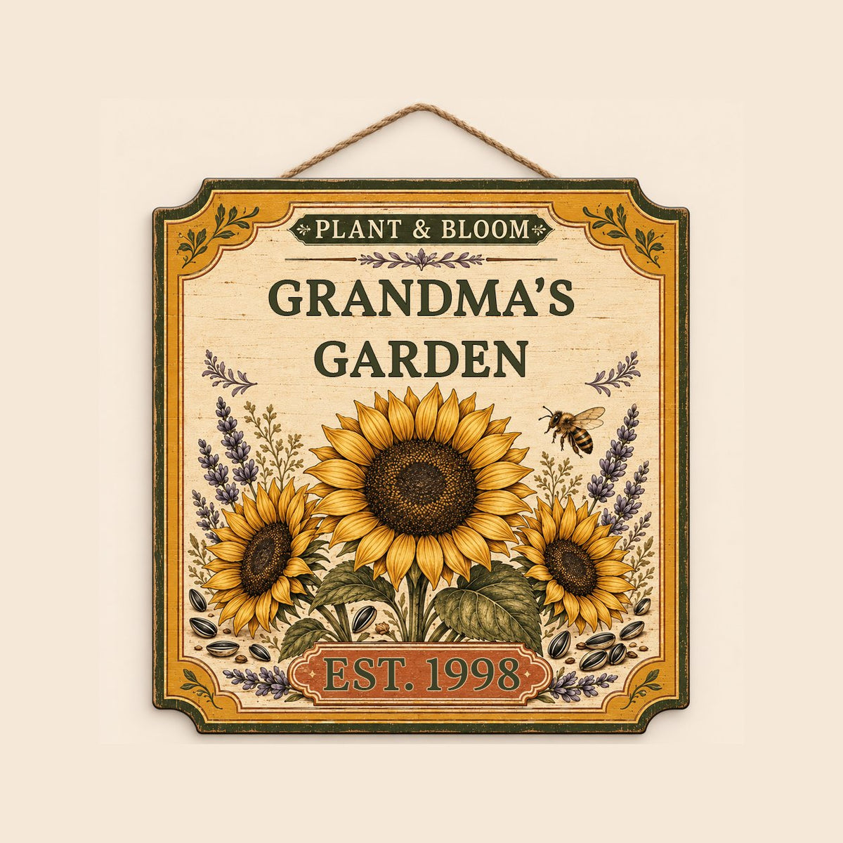 Square bracketed wooden sign with three sunflowers, lavender, a honeybee, and “Plant & Bloom” and “Grandma’s Garden” tex