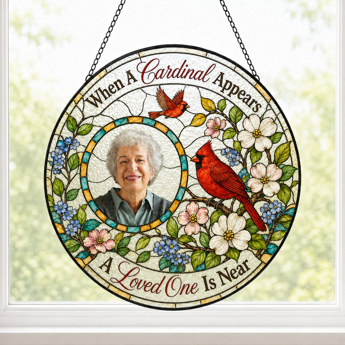 Round faux stained-glass suncatcher with two red cardinals, dogwood flowers, and a left-side circular photo frame.
