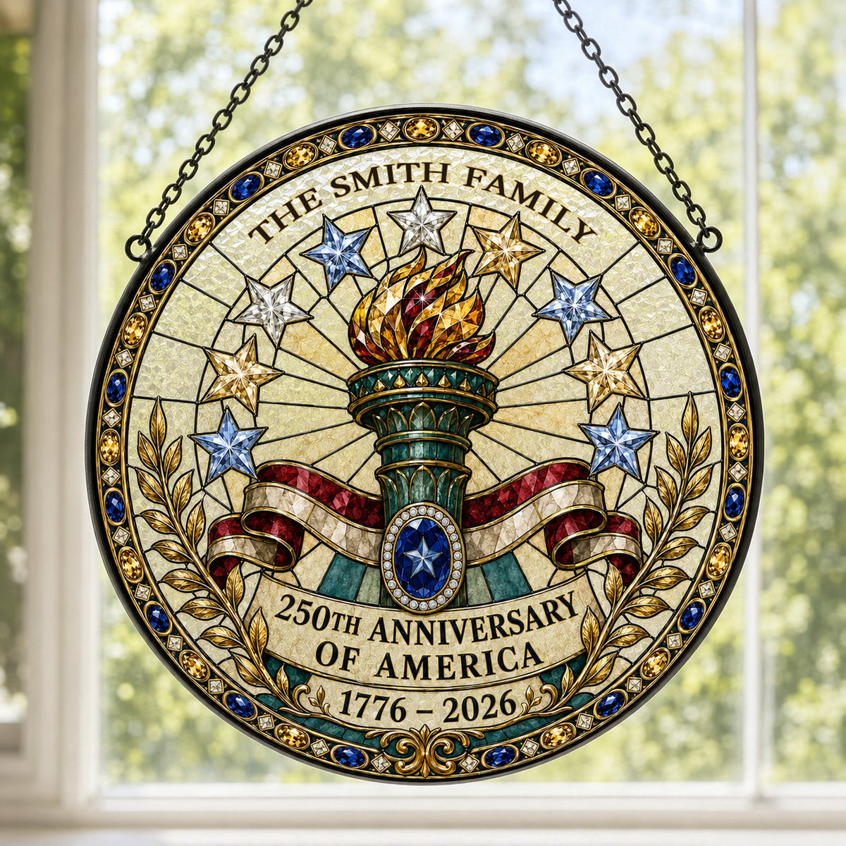 Round stained-glass suncatcher with Statue of Liberty torch, stars, ribbon, laurel, and 250th Anniversary text.