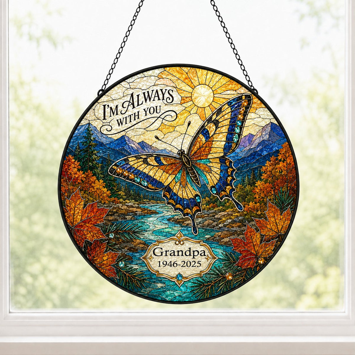 Personalized Butterfly Mountain Landscape Memorial I'm Always With You Stained Glass Round Suncatcher