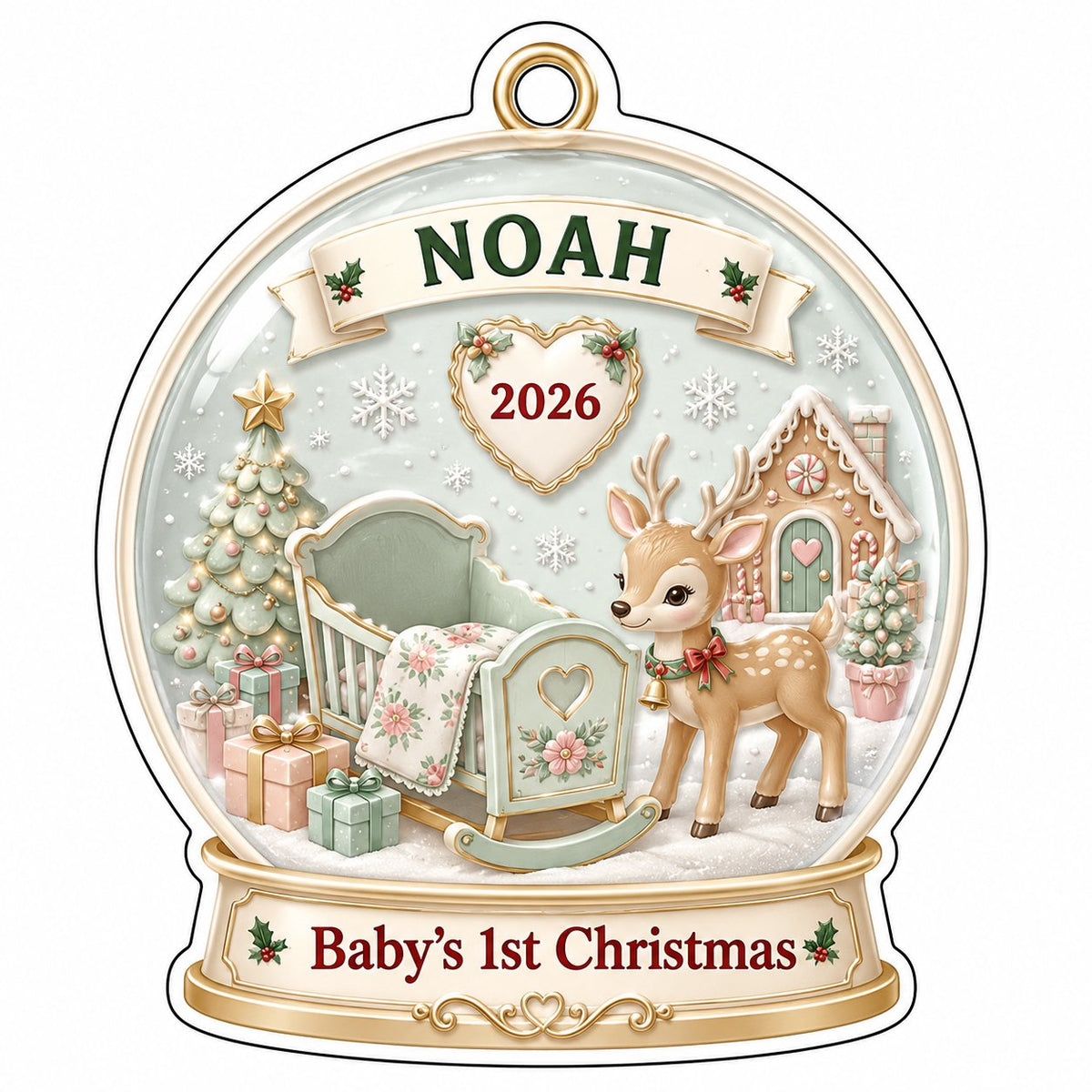 Acrylic snowglobe ornament with Baby's 1st Christmas, fawn with red bow, cradle, tree, gifts and gingerbread house