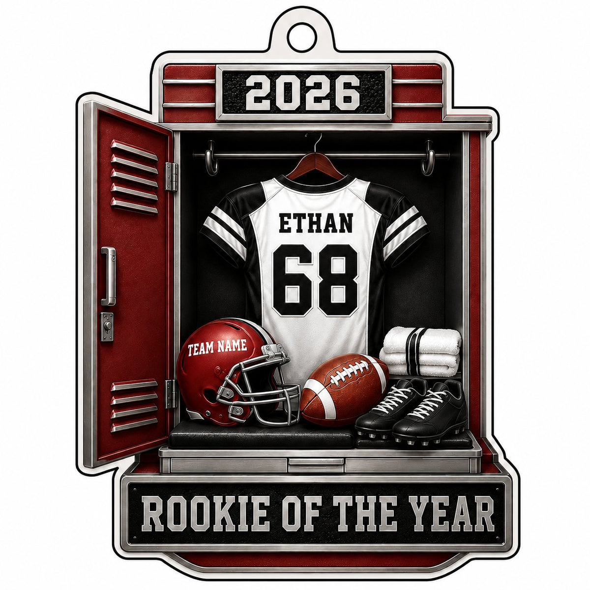 Acrylic ornament shaped like a football locker with jersey, red helmet, ball, towels and ROOKIE OF THE YEAR banner.