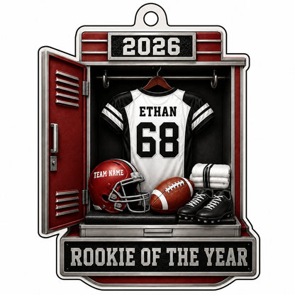 Acrylic ornament shaped like a football locker with jersey, red helmet, ball, towels and ROOKIE OF THE YEAR banner.