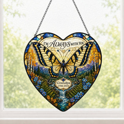 Personalized Butterfly Mountain Waterfall Memorial I'm Always With You Heart Stained Glass Suncatcher
