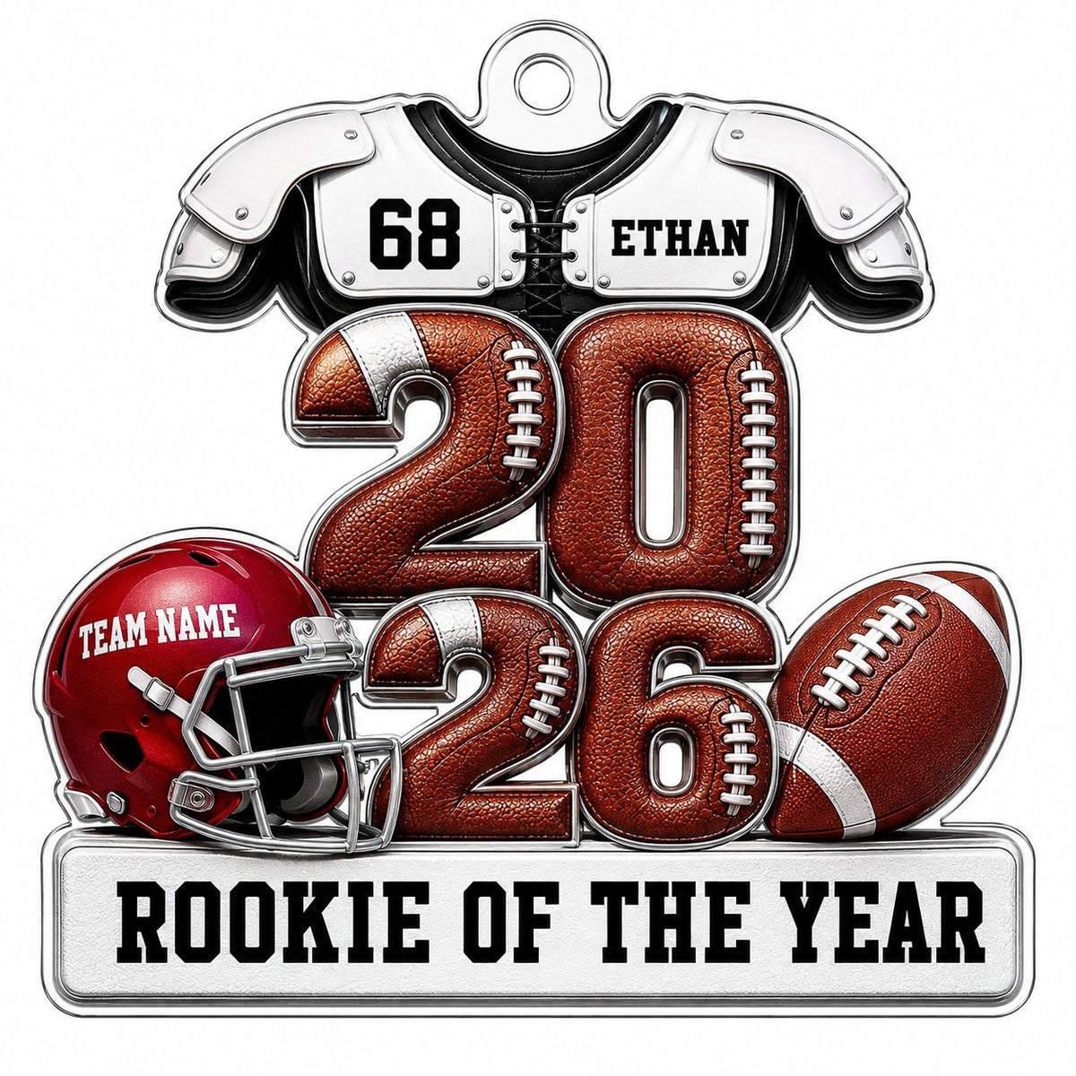 Acrylic ornament shaped like football gear with 2026 numbers, red helmet, ball and 'Rookie of the Year' nameplate.
