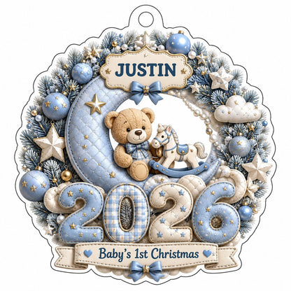 Blue wreath acrylic ornament with Baby's 1st Christmas, teddy bear, rocking horse, personalized name and 2026.