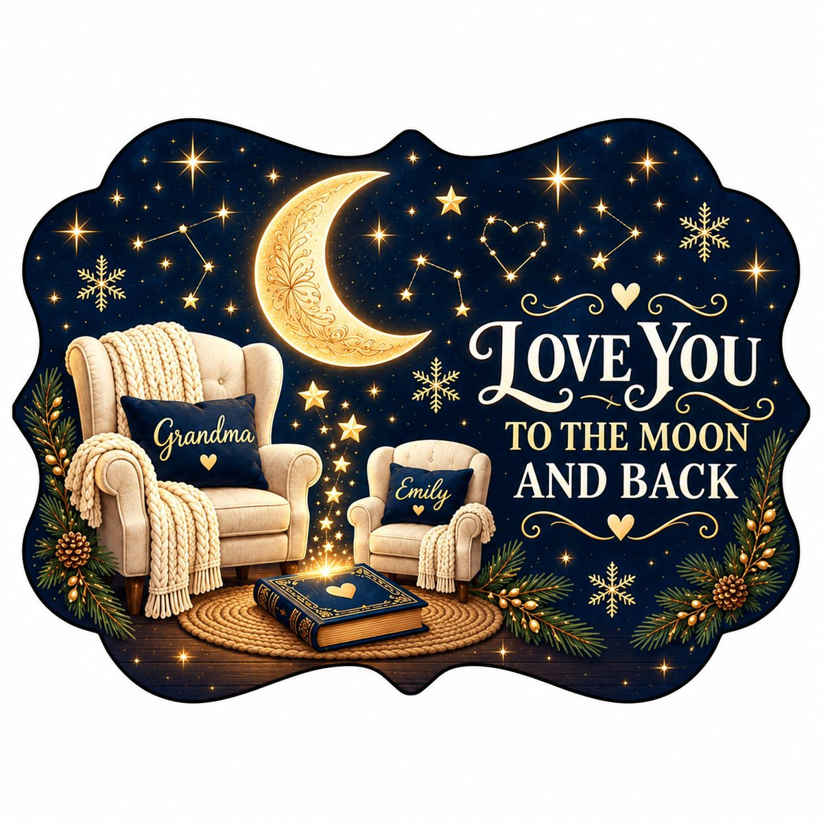 Medallion ceramic ornament with golden moon, stars, two chairs, and 'LOVE YOU TO THE MOON AND BACK' text.