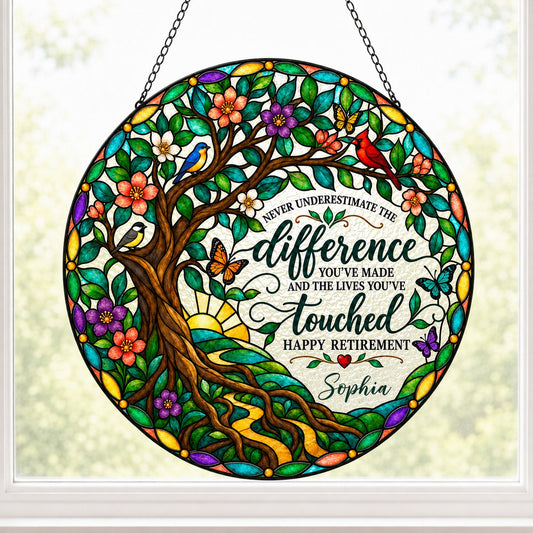 Personalized Retirement Tree of Life Songbirds Never Underestimate The Difference Happy Retirement Stained Glass Round Suncatcher