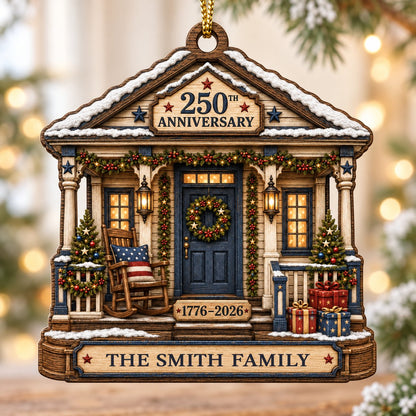 House-shaped ornament with patriotic porch, blue door, wreath, and '250TH ANNIVERSARY 1776-2026' text