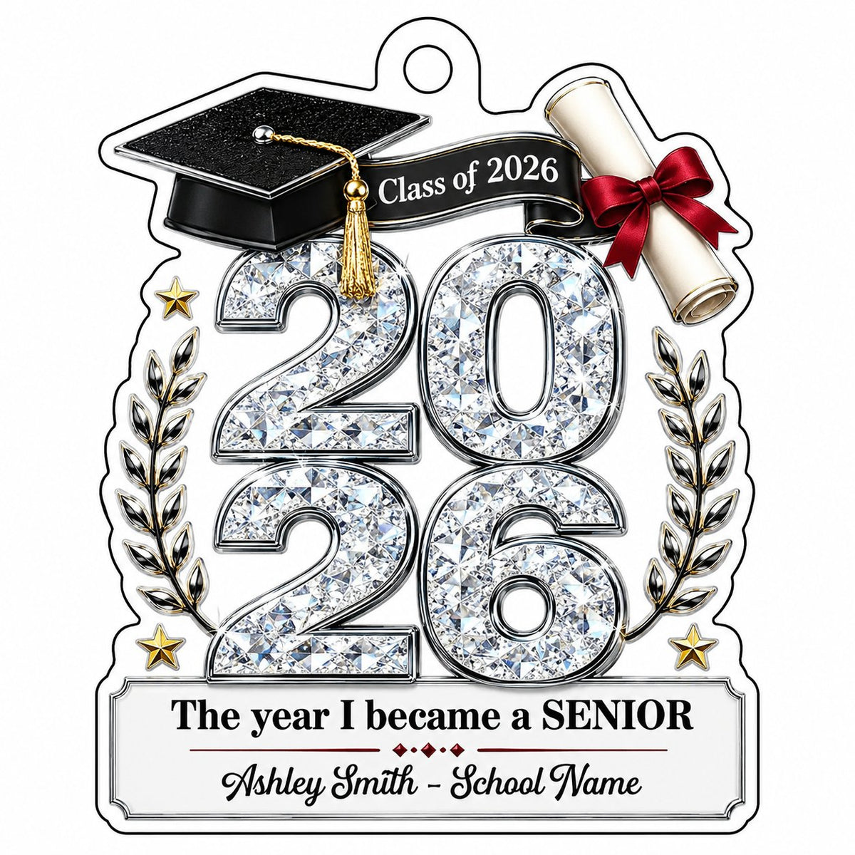Custom-cut clear acrylic ornament shaped like a graduation cap with Class of 2026, diploma, laurels, and name plaque.