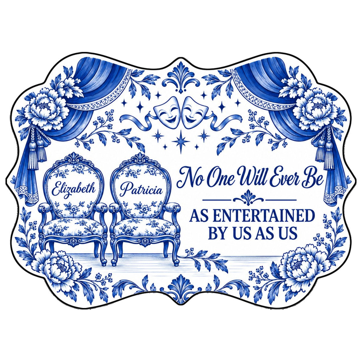 Blue-and-white ceramic ornament with theater masks, vintage chairs, Delft florals, and draped curtains.