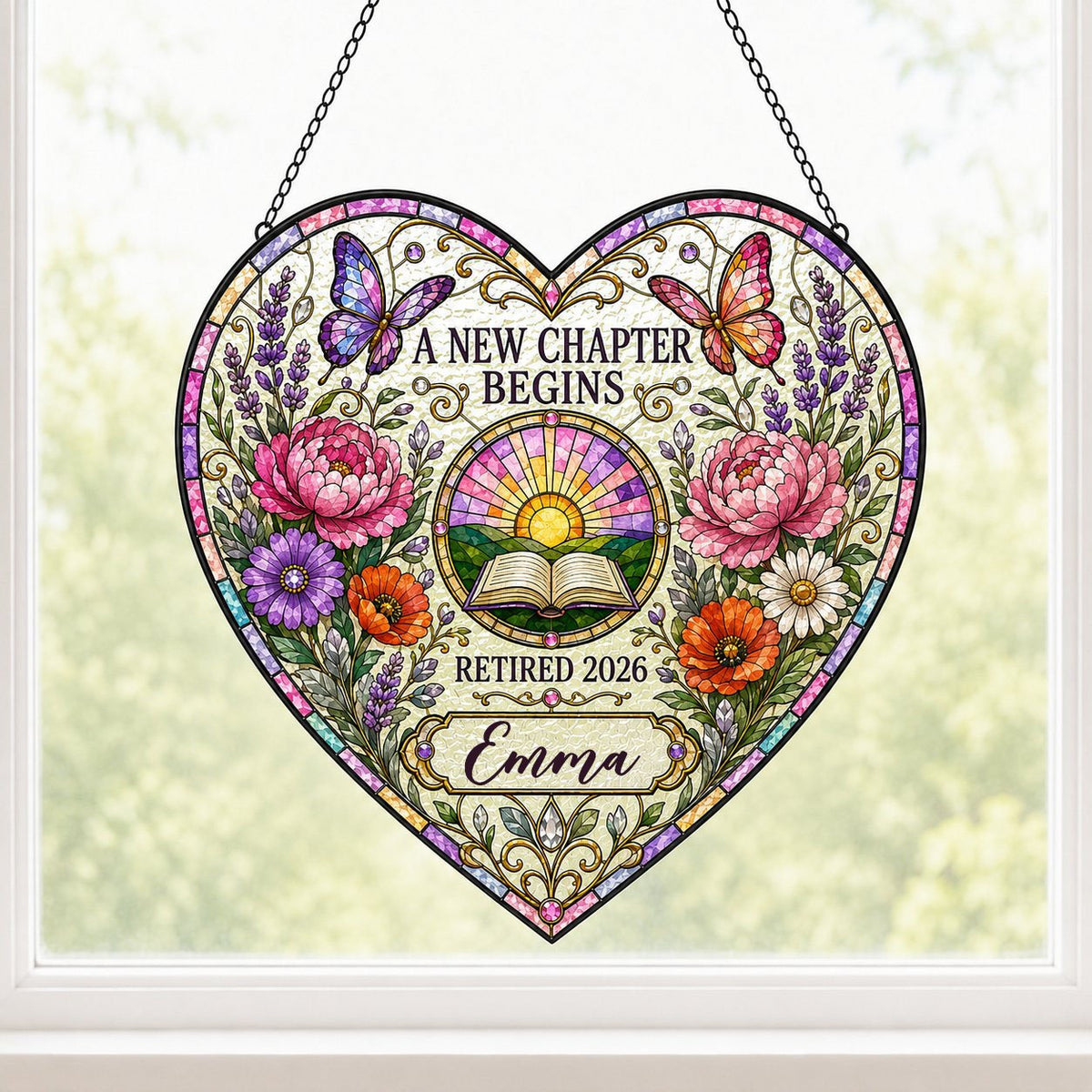 Personalized Retirement Open Book & Sunrise A New Chapter Begins Heart Stained Glass Suncatcher