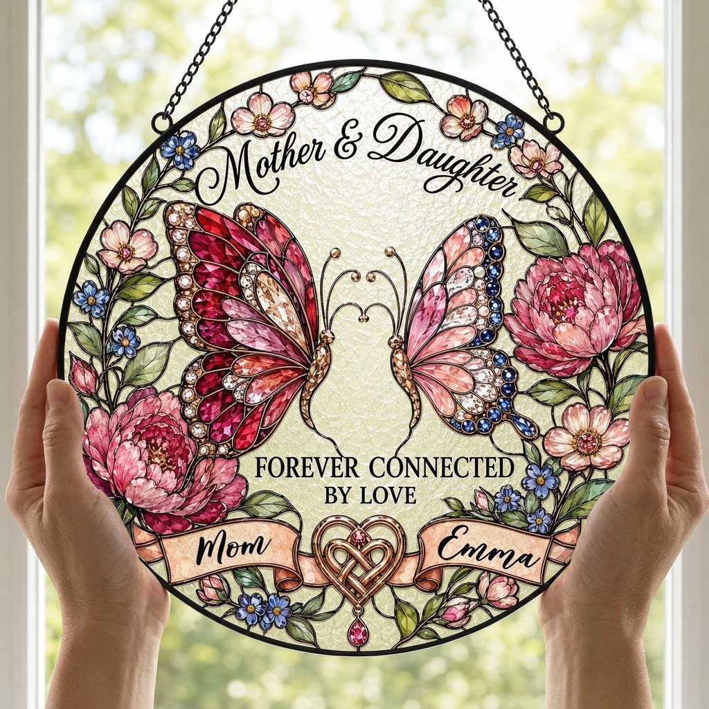 Round stained-glass style suncatcher with two butterflies, pink peonies and a ribbon banner for Mother & Daughter.