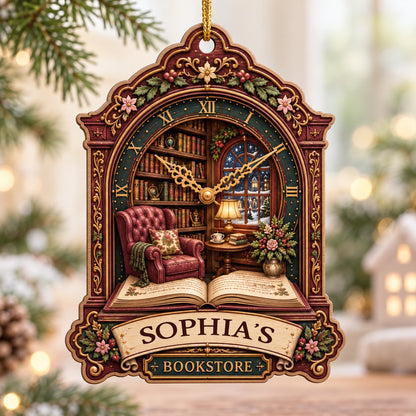 Ornate clock-shaped wood ornament with cozy bookstore scene, red armchair, bookshelves, arched window, and “BOOKSTORE” s